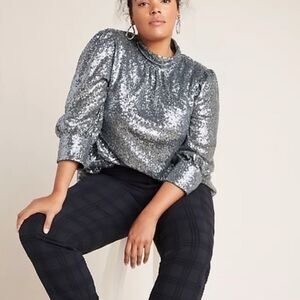 Sunday in Brooklyn Silver Sequin Puff Sleeve Blouse 1X